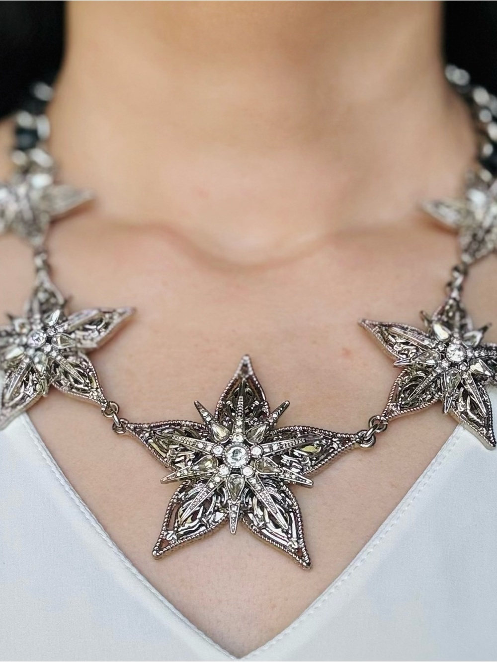 Heavy Silver Leather Interwoven Starburst Chunky Statement Necklace Rare